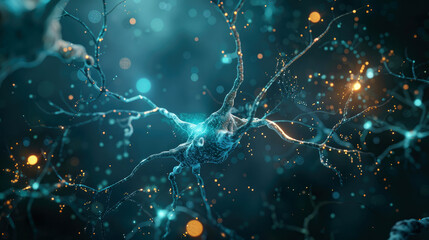 Digital visualization of a neuron that transmits nerve impulses. Neuron cells with glowing link knots