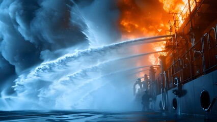 Preventing Fire Spread on Ships: The Importance of Foam Fire Suppression for Maritime Safety. Concept Fire Safety, Foam Fire Suppression, Maritime Industry, Ship Protection, Fire Prevention - obrazy, fototapety, plakaty