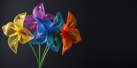 Obraz premium Windrad in bunten leuchtenden Neon Farben mit schwarzen Hintergrund und Platzhalter