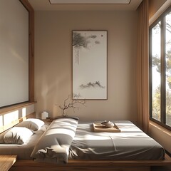 A bedroom with a bed, a painting, a vase, and a bonsai tree