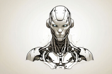 Drawing of a robot on an isolated white background, black and white tones