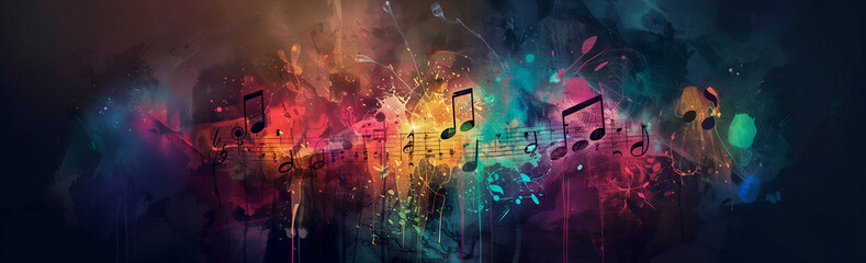 Abstract colorful background with musical elements in the form of notes and a treble clef. Space for text and logo.