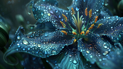 Beautiful dark blue lily flower with dew drops close up
