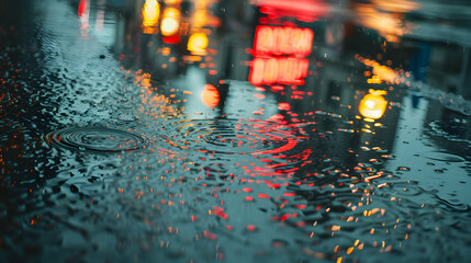 Raindrops on the car windshield in the city. Blurred background