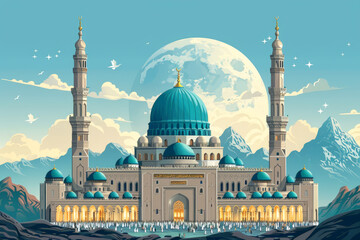 Fototapeta premium Stunning mosque against a large moon backdrop, ideal for religious and cultural illustrations. Card for an Islamic holiday.