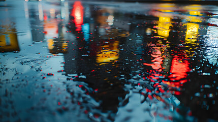 Raindrops on the street. Abstract background with bokeh effect.