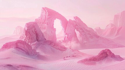 Escapism aesthetic  background.Desert valley with sand dunes and mountains scene. Sunset soft light. Surrealism atmospheric installation of magic pink arch. Loneliness escape feeling.
