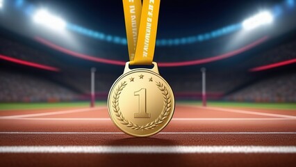 Close-up of a gold medal against the background of a blurred Olympic Games stadium, award at the championship or Olympic Games for 1st place, gold medal