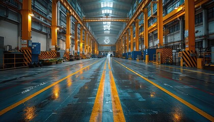 Fototapeta premium Inside a large empty warehouse with yellow markings on the floor and large yellow beams supporting the roof.