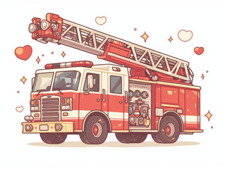 A cute cartoon fire truck with hearts and sparkles.