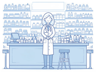 A female pharmacist is standing in a pharmacy, wearing a lab coat and stethoscope