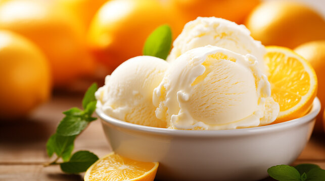 lemmon ice cream scoops in a bowl background. Ice-cream texture
