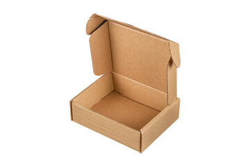 Open empty cardboard box is isolated on transparent background.