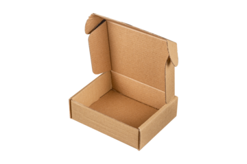 Open empty cardboard box is isolated on transparent background.