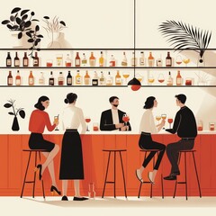 After work relaxing. People sitting at bar counter and drinking cocktails. Vector illustration in flat style
