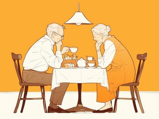 An elderly couple is sitting at a table and drinking tea. The man is reading a newspaper and the woman is looking out the window. The picture is drawn in a simple, cartoon style.