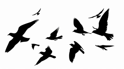 Silhouette of birds flying at the distance, high contrast black and white, no background, white background , generated with ai