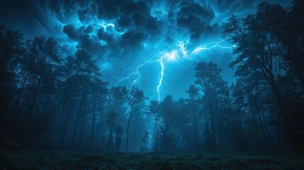 A lone tree is struck by lightning in the middle of a dark forest. The scene is illuminated by the bright flash of lightning.