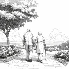 The black and white image shows a elderly couple using a walking stick in each hand, walking away from the camera.