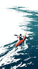 The picture shows a man kayaking in the sea. The water is calm and the sky is clear. The man is wearing a life jacket and is paddling with a single paddle.