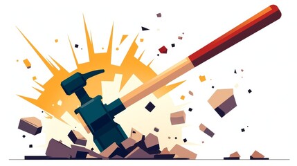 This image shows a hammer striking a stone. The hammer is blue and the stone is gray. The hammer has a red handle. The stone is breaking apart.