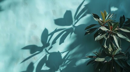Shadows of Tropical Plants on a turquoise Plaster Wall. Exotic Background for Product Presentation