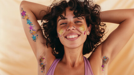 Gen-z confident young woman flaunting her decorated haired armpits with tiny colorful glitter stars. LGBTQ pride.