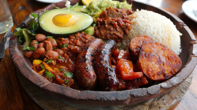 Traditional colombian bandeja paisa with rice, beans, chorizo, pork, avocado, and egg served in a rustic restaurant atmosphere