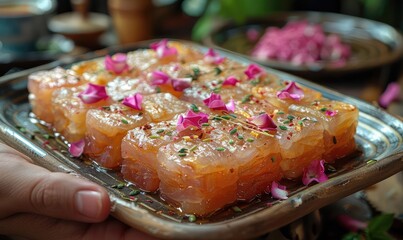 A beautiful and delicious plate of Turkish delight. The delight is made with rose water and pistachios, and is served with a sprinkling of dried rose petals.