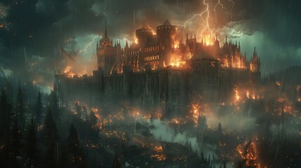 A dark and stormy night. A castle is being attacked. The lightning is flashing and the thunder is roaring. The castle is on fire and the people are running for their lives.