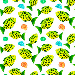 Yellow and green sea fish. Marine underwater seamless pattern, watercolor art in ocean kids style, for decorating children room, package, scrapbook, school, nursery, invitation, print, postcard