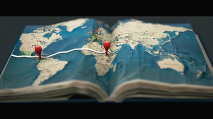 Artistic 3D pop-up book featuring a world map. The map is styled with a paper craft effect, two red location markers on the map, generated with AI