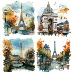 watercolor painting of 4 different key places of Paris, generated with AI