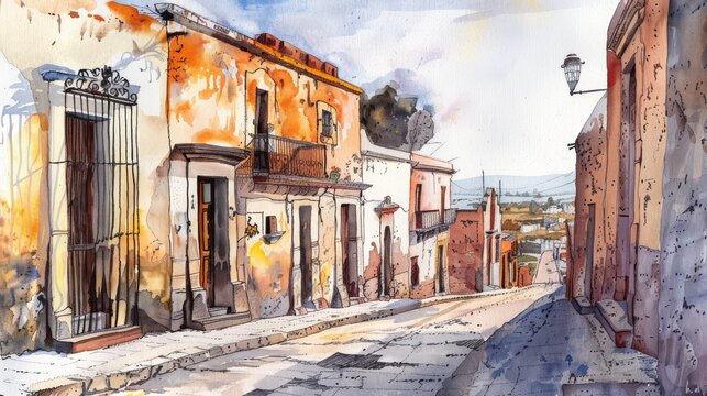 Fototapeta watercolor painting of a street scene in mexico, street going up a hill, traditional mexican style, generated with AI