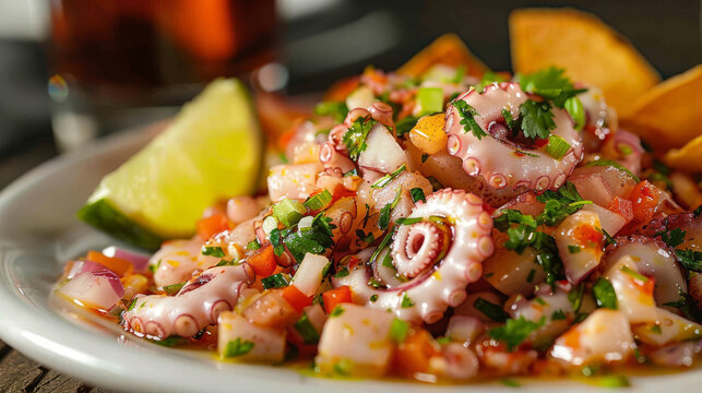 Authentic colombian ceviche with tender octopus, lime, cilantro, and plantain chips on a white plate, showcasing traditional cuisine