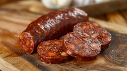 Savory colombian chorizo sausages sliced on a rustic wooden board, showcasing the delicious cuisine of colombia in close-up detail
