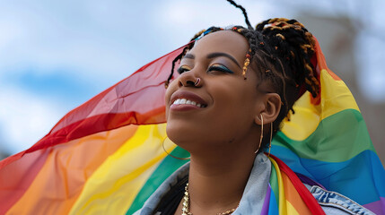 Portrait of smiling confident black woman outdoors holding a rainbow flag. LGBTQ community pride.