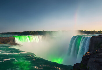 The image depicts the majestic Niagara Falls, a natural wonder straddling the border between the United States and Canada