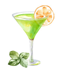 Watercolor green cocktail in a glass goblet. Illustration of alcohol with a slice of lemon and basil isolated on a white background. Bar design and menu