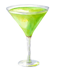 Watercolor green cocktail in a glass goblet. Illustration of alcohol with a slice of lemon isolated on a white background. Bar design and menu