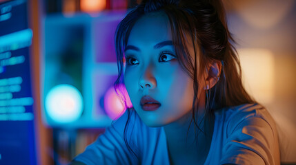 Inclusive candid image of a young female it developer working remotely from home. Asian woman analysing cyber security threats caused by artificial intelligence robots. AI generated - Powered by Adobe