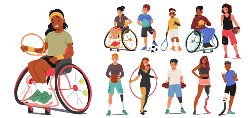 Diverse Young Athletes With Disabilities Engaging In Various Sport. Children Sportsmen Characters Showcasing Inclusivity - obrazy, fototapety, plakaty