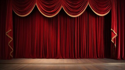 Red stage curtain with gold tassels.