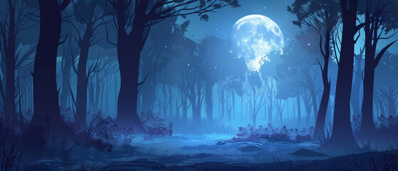 Enchanting moonlit forest with silhouetted trees and mysterious shadows, rendered in V6 style art.