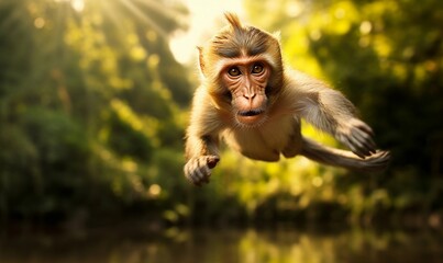 Dynamic shot capturing a monkey in midair, illuminated by the golden rays of the sun piercing...