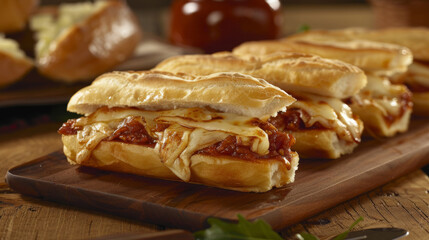Delicious colombian-style pulled pork and cheese sandwiches served on a rustic wooden board with rich sauce and fresh greens