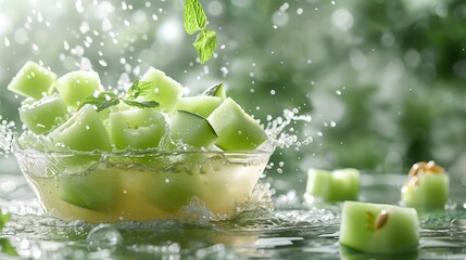 Heavenly Honeydew Melon Juice Burst, Light Green Melon Chunks Airborne, Pale Mint