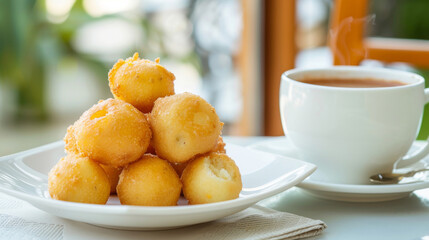 Colombian buñuelos, golden cheese fritters, served hot with a cup of chocolate, a classic comfort snack or breakfast item