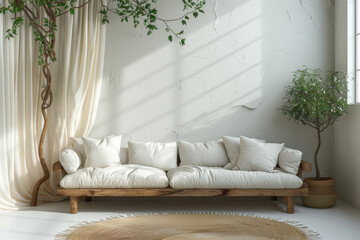 Minimalist living room with neutral tones and simple furniture. AI generated.