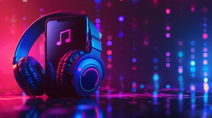Music poster. Mobile smartphone screen with music app, audio headphones. Neon gradient. Broadcast media music banner with copy space